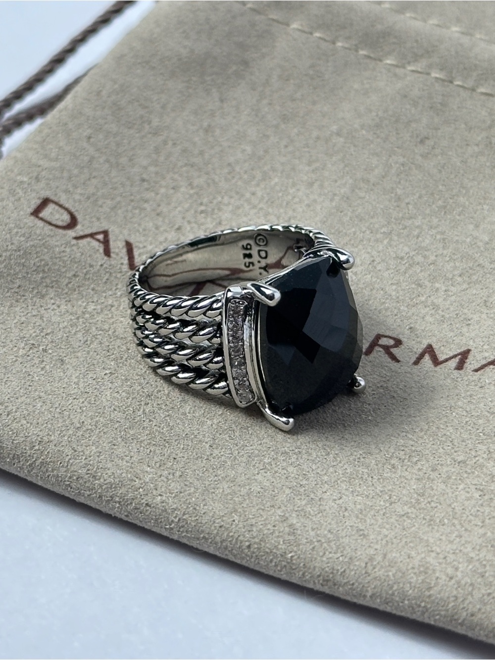 David Yurman Sterling Silver Ring with Black Onyx & Pave Size 8.25